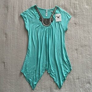 Vintage 2000s unique teal blouse with silver beaded neckline